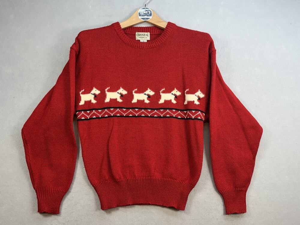 Woman’s CRYSTAL Brand Red Holiday Dog Sweater Size Medium. Wool Blend. EUC